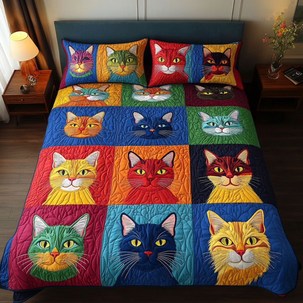 Cat Whiskers Quilted Bedding Set Bed Decor Best Christmas Presents For Cats