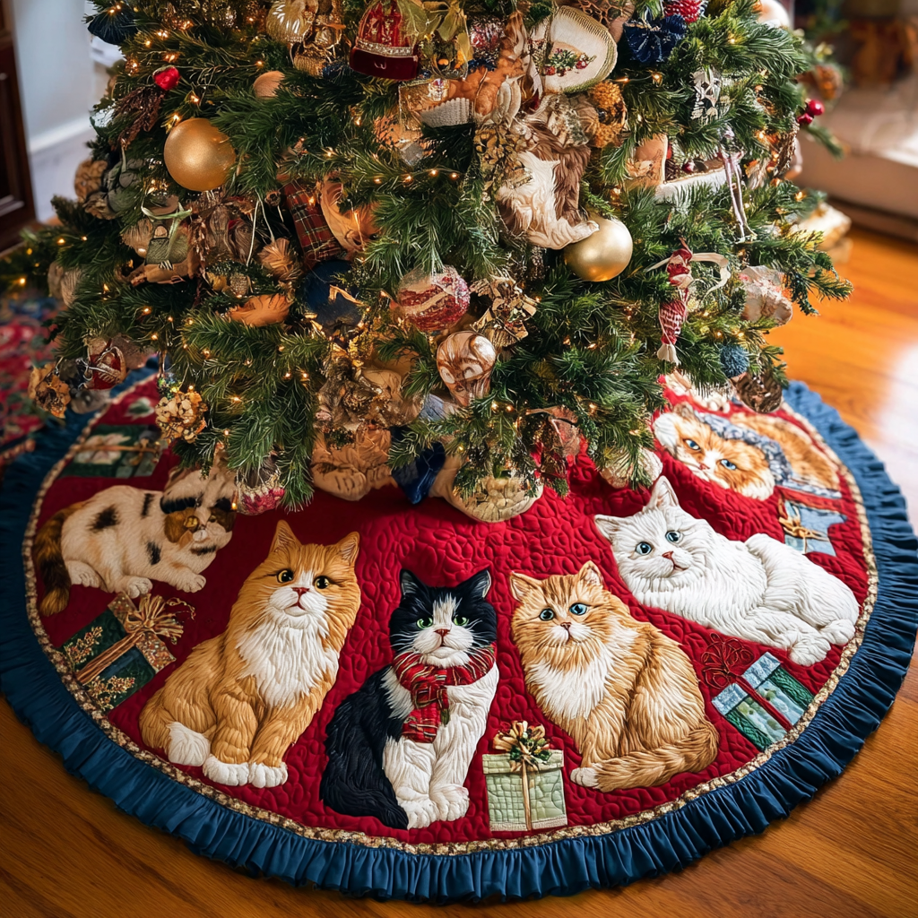 Cat Whispers Christmas Quilted Tree Skirt Holiday Season Gift For Cat Lover