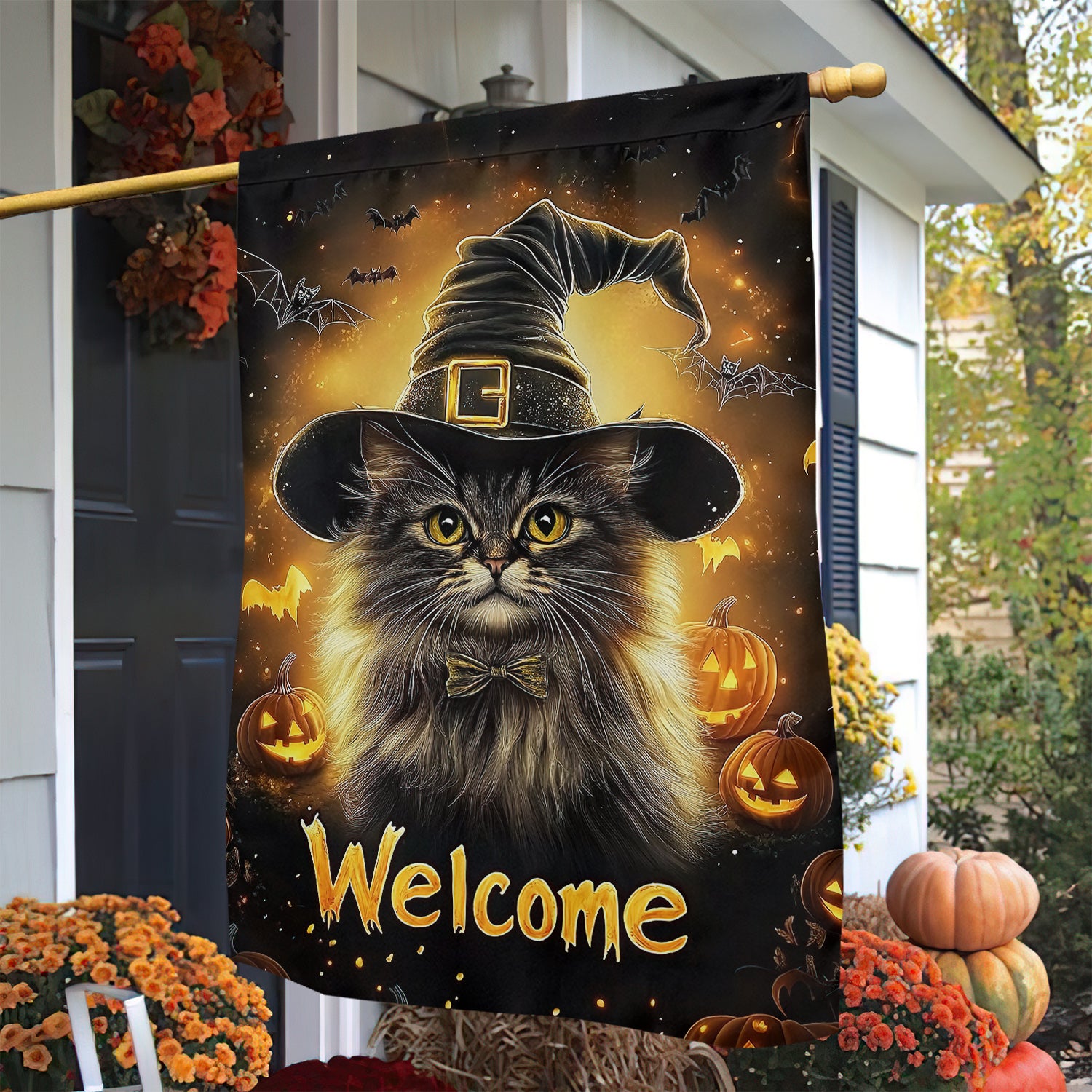 Cat Witch Welcome Halloween Flag Pumpkin Themed Halloween Decor Gift For Cat Lovers