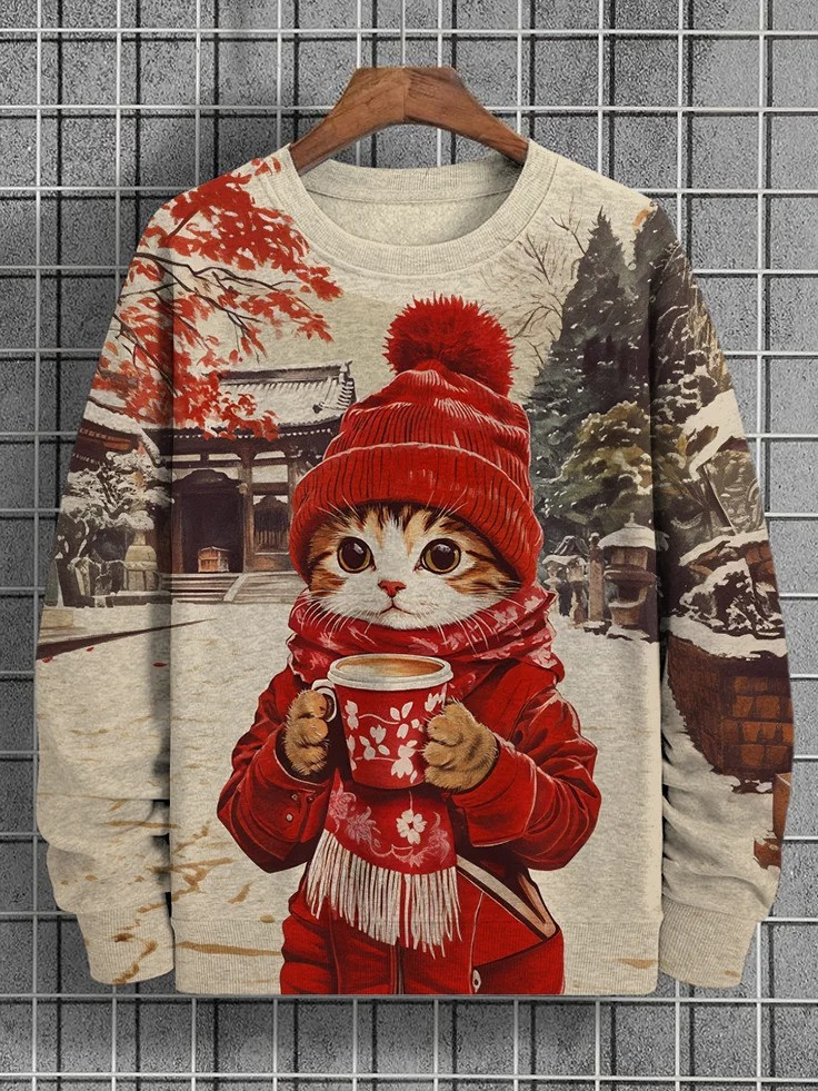 Cat With Coffee Christmas Holiday Sweatshirt Cozy Winter Christmas Gifts For Cat Owners