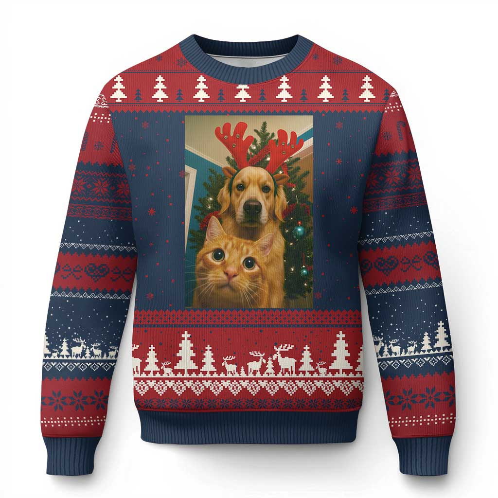 Cat With Dog Selfie Ugly Christmas Sweater Funny Xmas Sweater Pet Lover Xmas Gifts