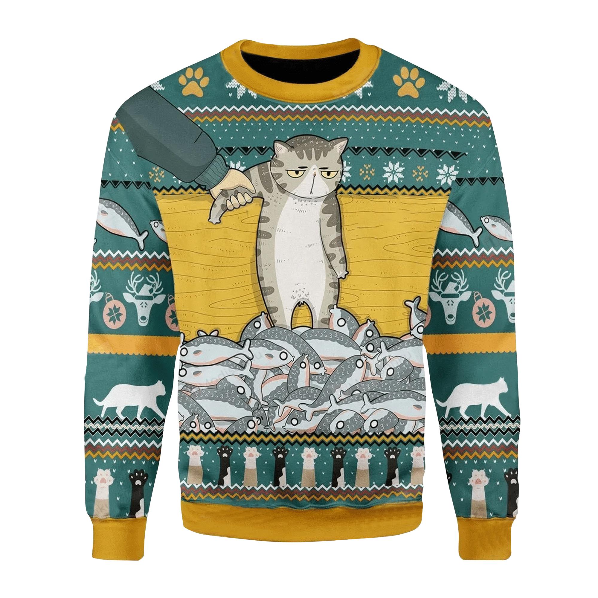 Cat With Fishes Ugly Christmas Sweater Funny Xmas Holiday Jumper Gifts For Cat Lovers