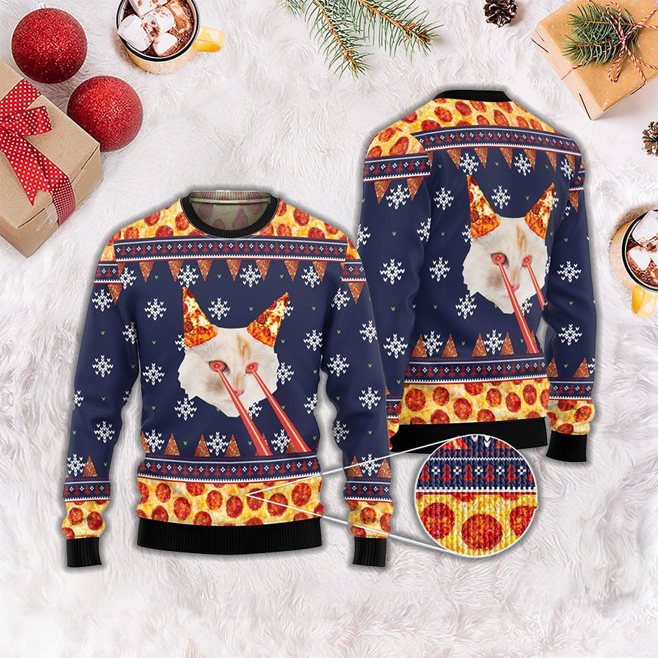 Cat With Laser Eyes Pizza Ugly Christmas Sweater Funny Cat Christmas Sweater Men Women