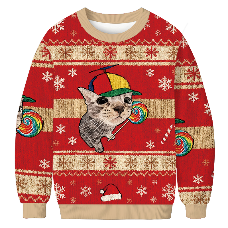 Cat With Lollipop And Hat Christmas Ugly Sweatshirt Christmas Party Novelty Sweater Gift Ideas Cat With Lollipop And Hat Christmas Ugly Sweatshirt Christmas Party Novelty Sweater Gift Ideas