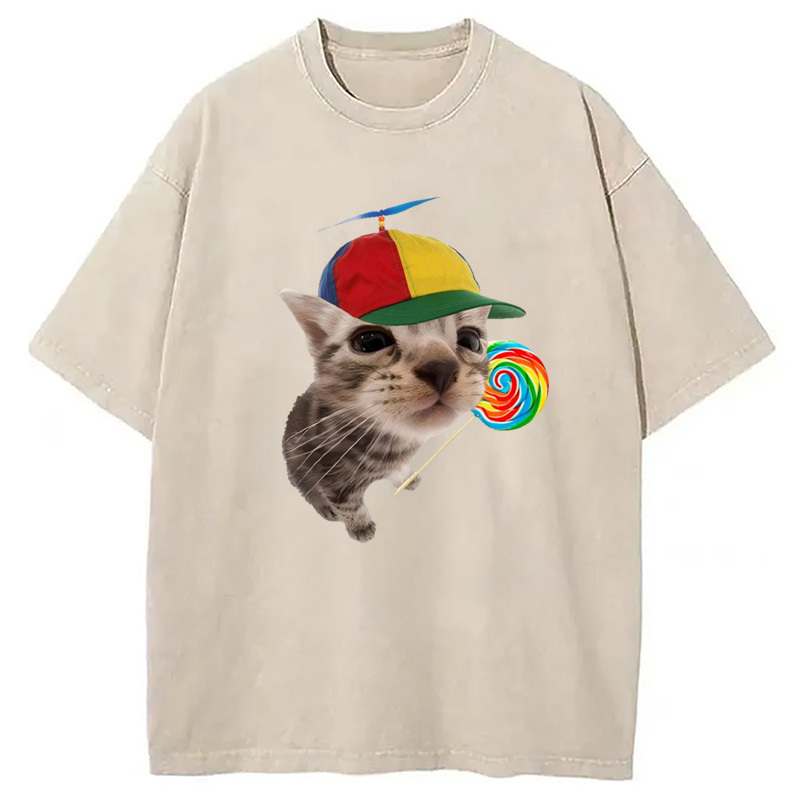 Cat With Lollipop And Hat Washed T-Shirt Retro Humor Outfit Idea Gifts For Friends