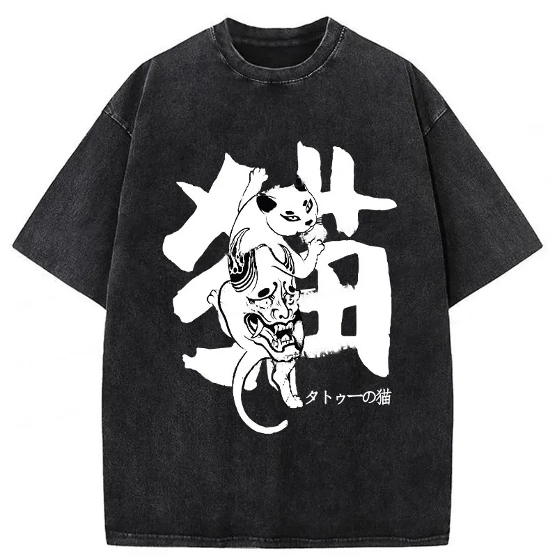 Cat With Oni Mask Tattoo Washed T-Shirt Unique Aesthetic Fashion Tee Gifts For Besties Cat With Oni Mask Tattoo Washed T-Shirt Unique Aesthetic Fashion Tee Gifts For Besties