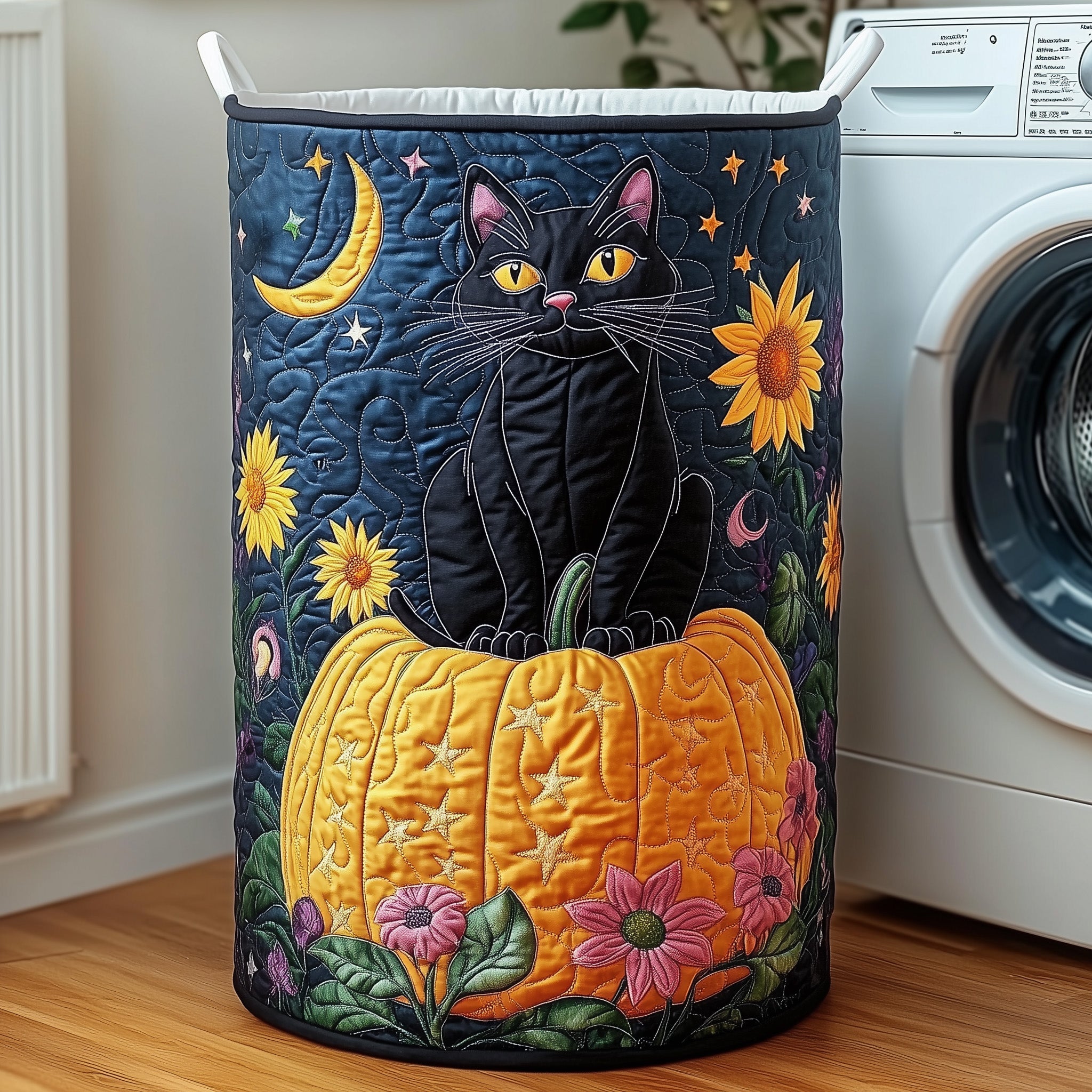 Cat With Pumpkin Quilted Laundry Basket Gift Idea For Busy Families
