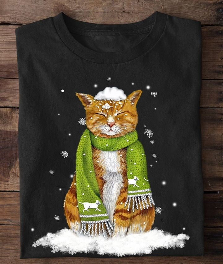 Cat With Scarf Winter Snow T-Shirt Cute Cat Graphic Tee Shirt Christmas Gift Ideas