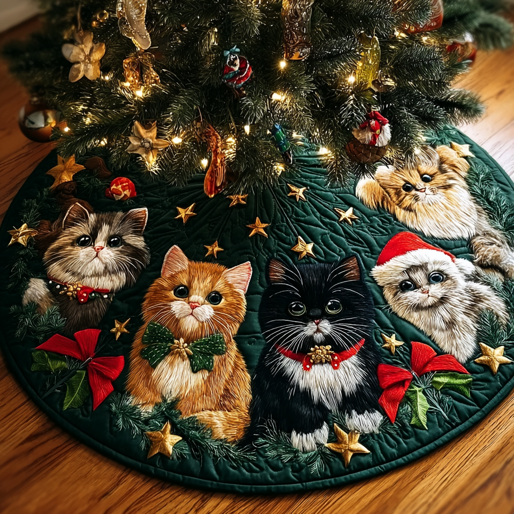 Cat Wonder Christmas Quilted Tree Skirt Warm and Cozy Quilted Tree Skirt for Winter Festivities
