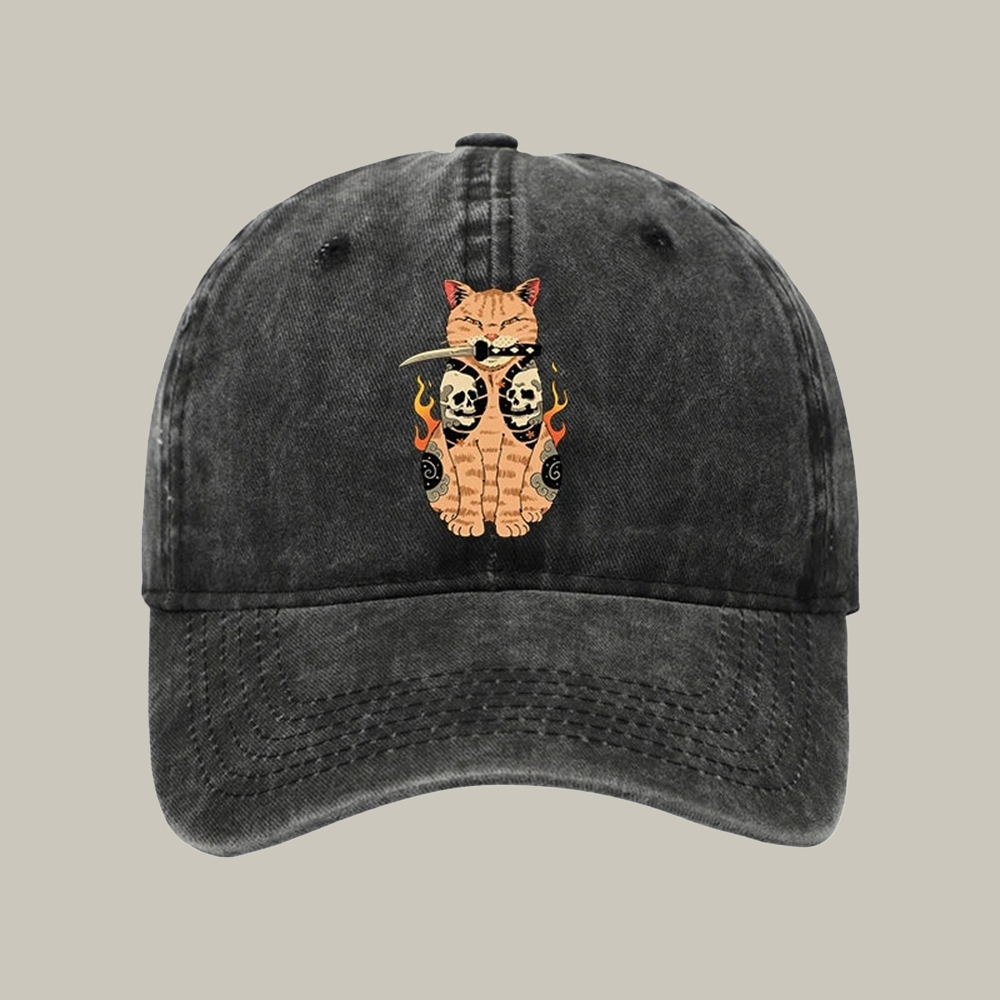 Catana Cat Skull Tattooed Samurai Washed Cap Christmas Funny Hats Cat Present Ideas Xmas