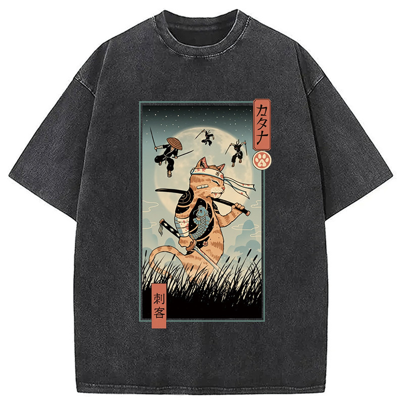 Catana the Last Warrior Ukiyo-e Washed T-Shirt Trendy Aesthetic Graphic Apparel Gifts For Sister