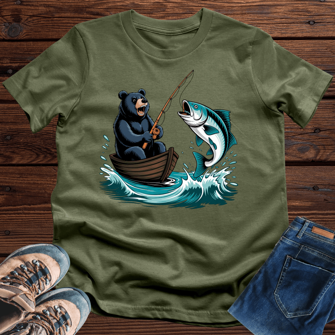 Catch Of The Bear T-Shirt Black Bears Catches Salmon Shirt Cool Cartoon Meme Fishing Apparel