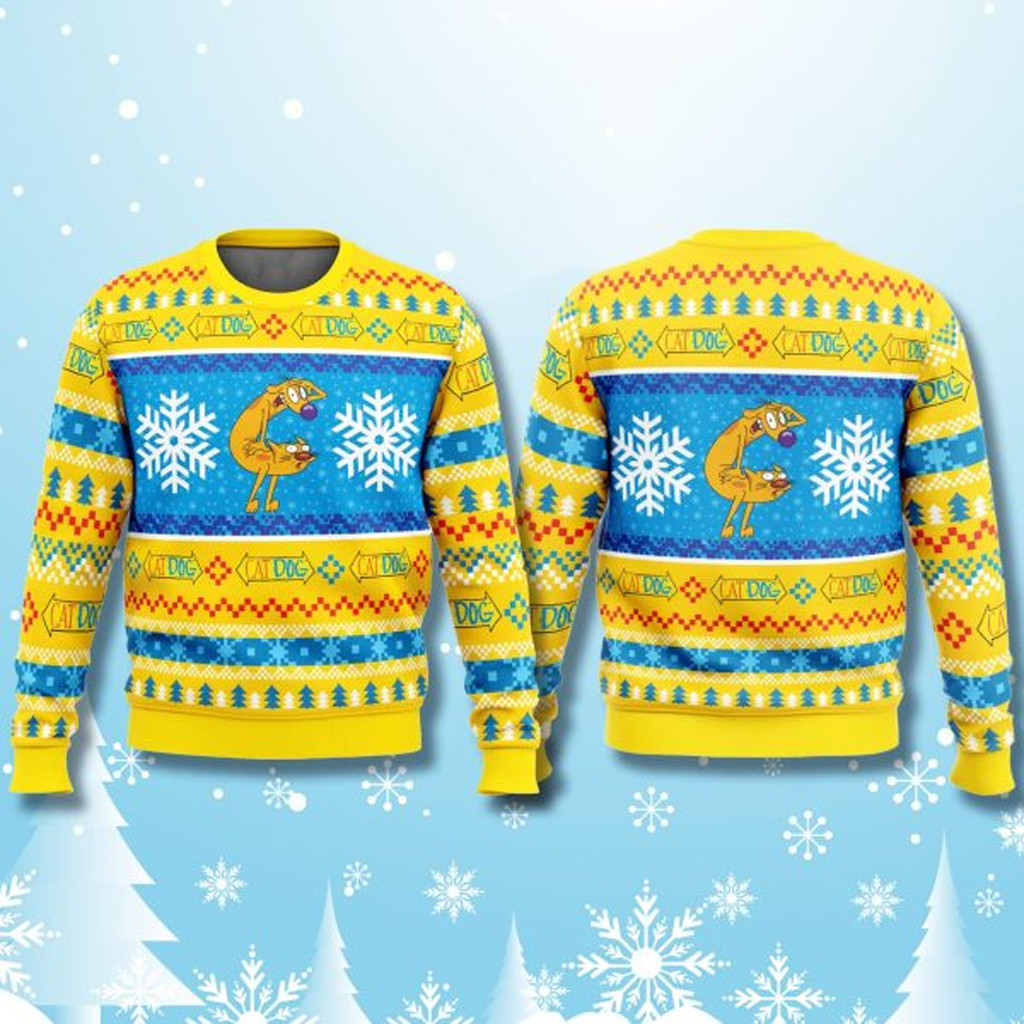 CatDog Yellow Ugly Christmas Sweater Christmas Gift Ideas For Dad