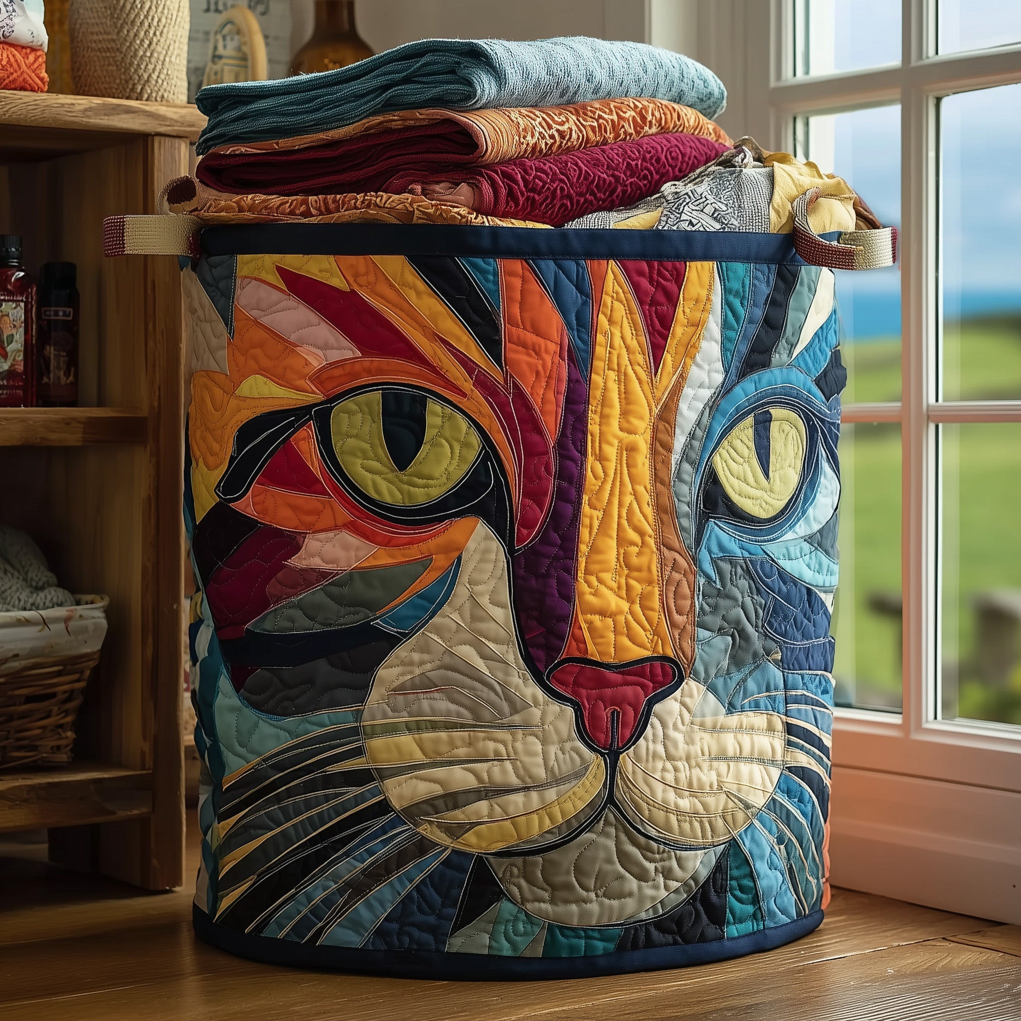Catitude Quilted Laundry Basket Animal Graphic Boho Home Decor Gift Ideas For Cat Lover