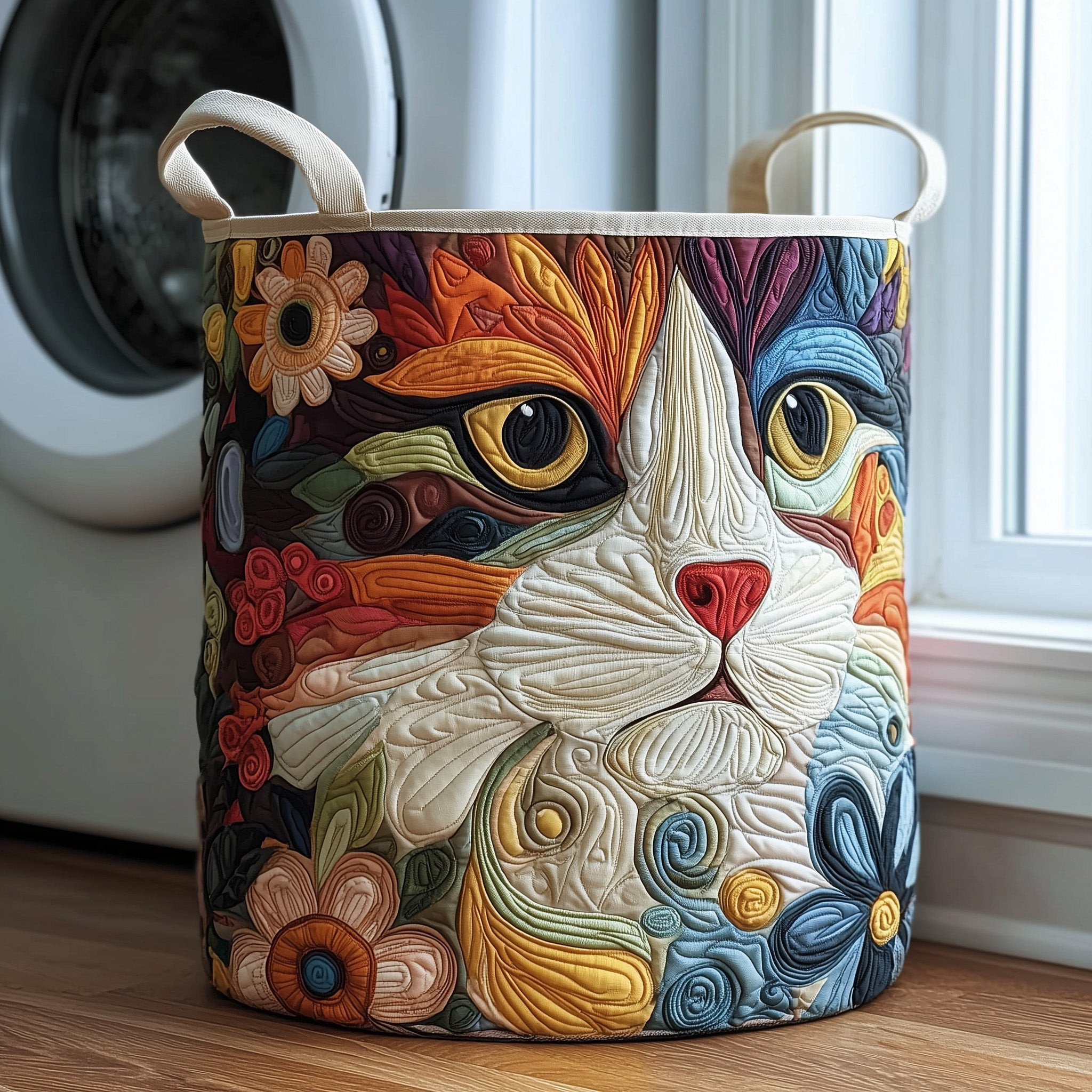 Catitude Quilted Laundry Basket Animal Themed Boho Home Decor Cat Gift For Her