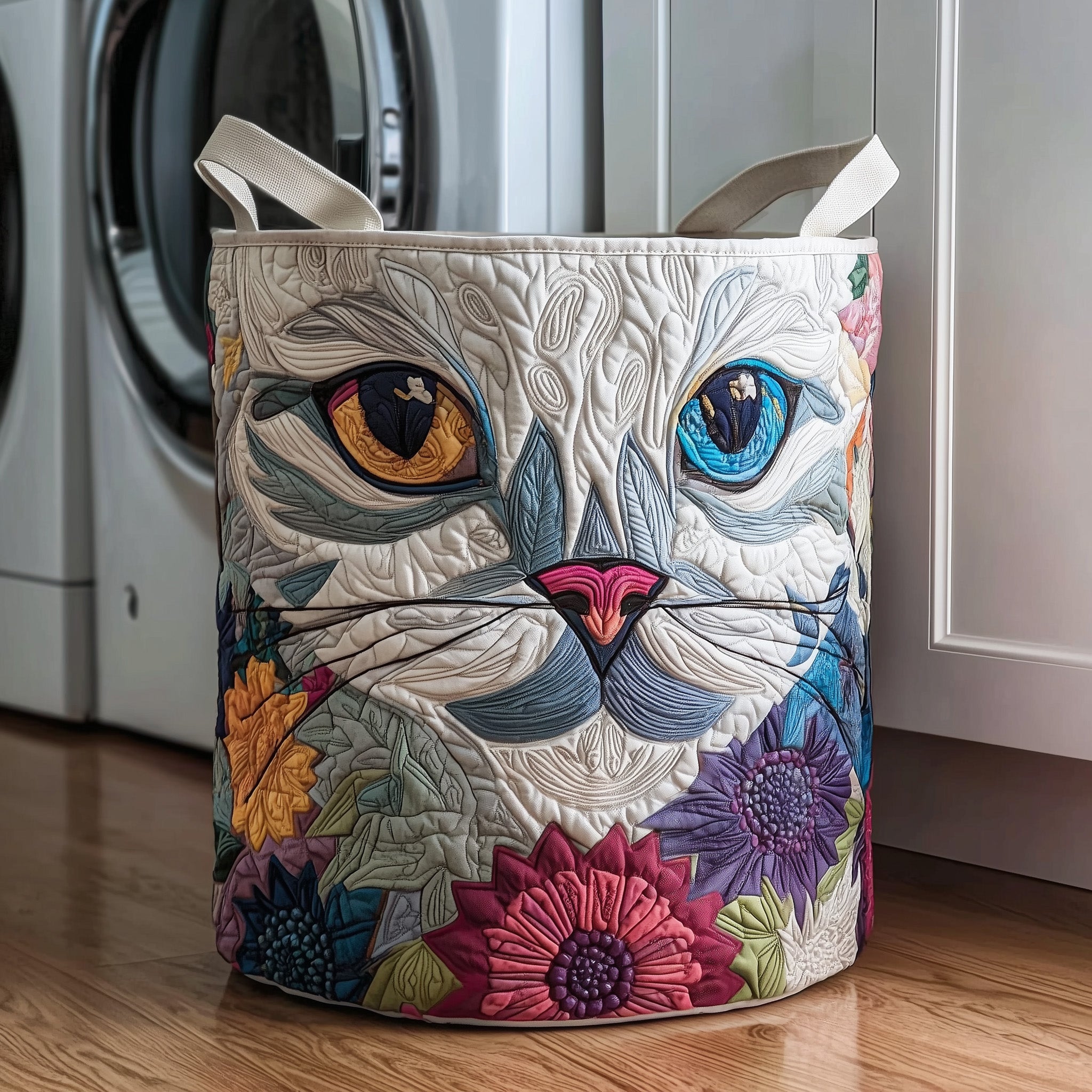 Catitude Quilted Laundry Basket Beautiful White Cat Present For Cat Owner