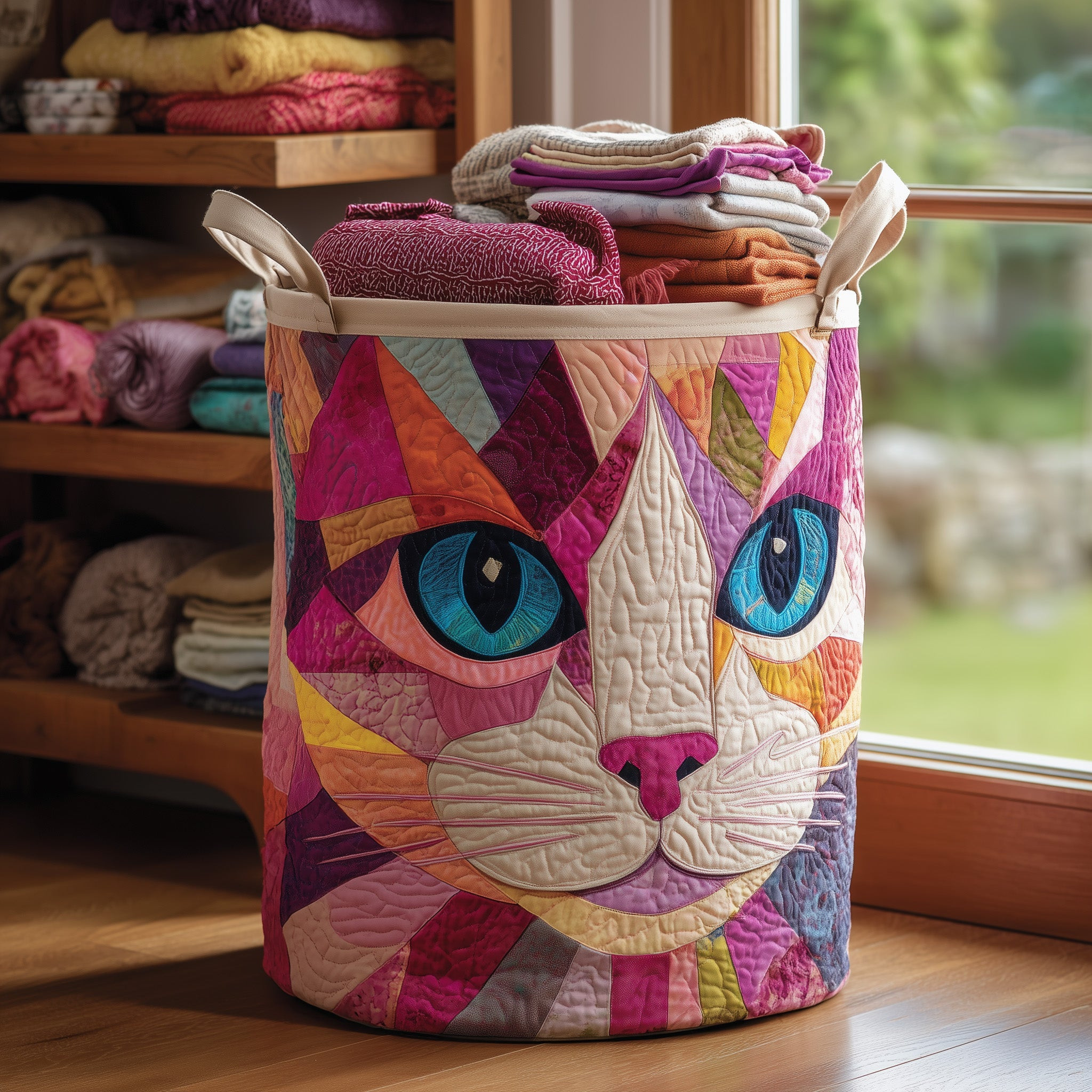 Catitude Quilted Laundry Basket Boho Home Decorations Gifts For Cat Enthusiasts