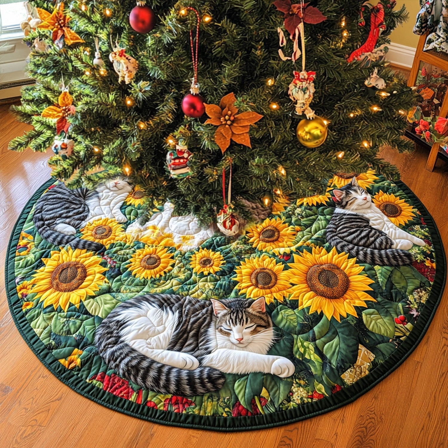 Catnap In The Sunflowers Quilted Christmas Tree Skirt Holiday Tree Base Decoration