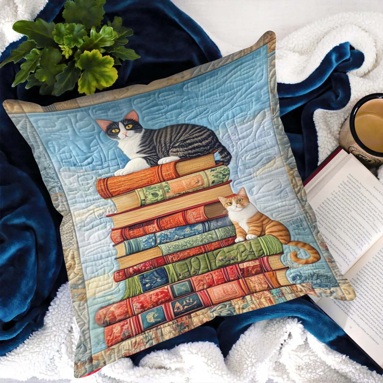 Cats Among Classics Quilted Pillow Case Decorative Throw Pillow Case