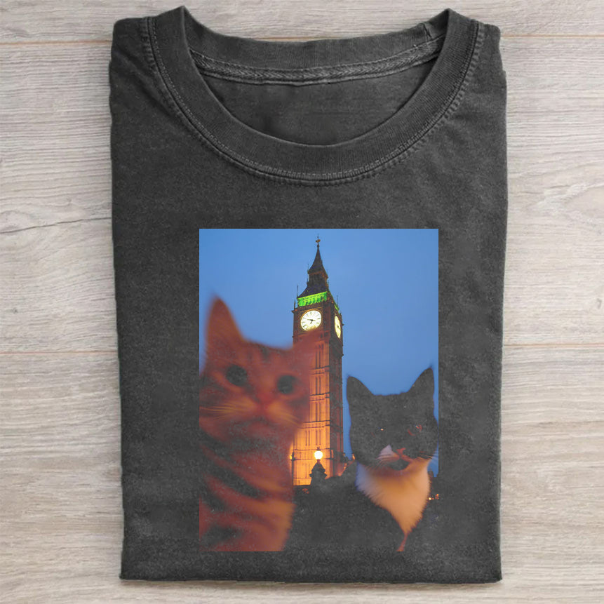 Cats And Clock Tower Graphic T-Shirt Creative Cat Lovers Merch Best Gift For Pet Owners