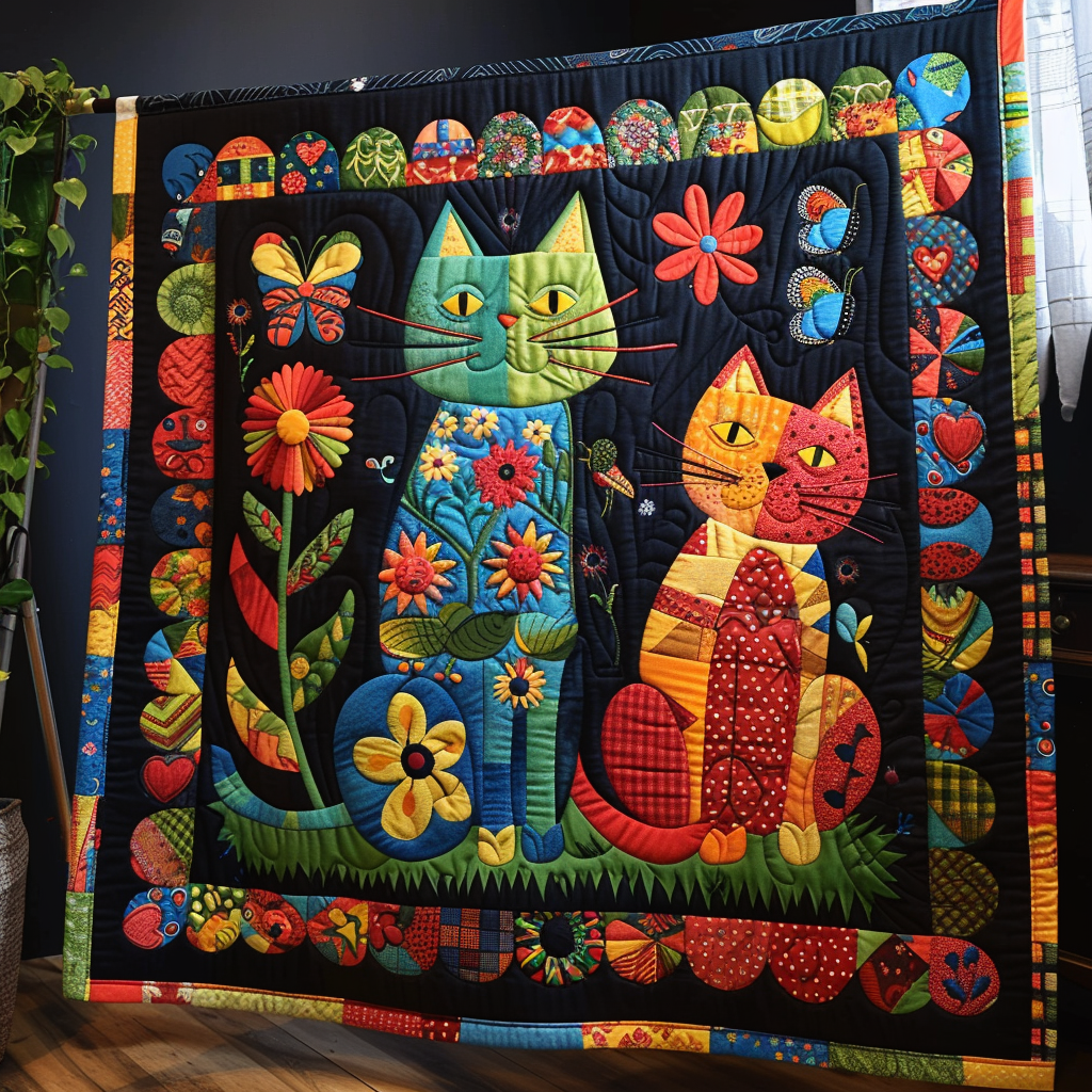 Cats and Flowers Quilted Blanket Unique Cat Gifts