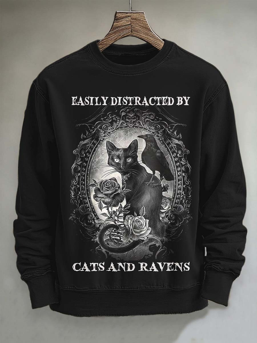 Cats And Ravens Sweatshirt Horror Clothing Funny Gothic Animal Lover Gift Ideas