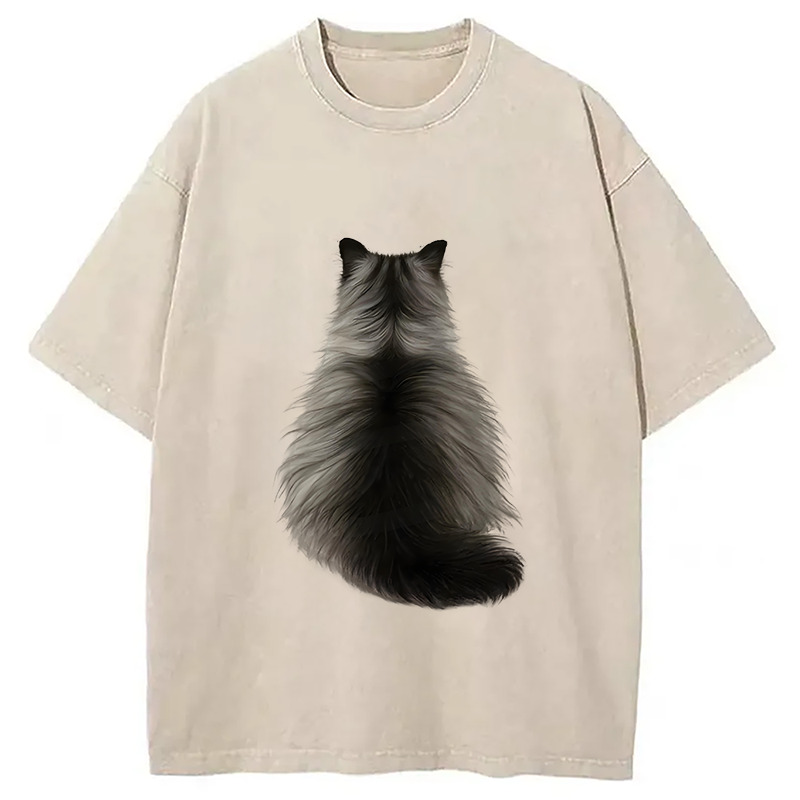 Cat's Back Ink Painting Washed T-Shirt Retro Streetwear Graphic Top Gifts For Him