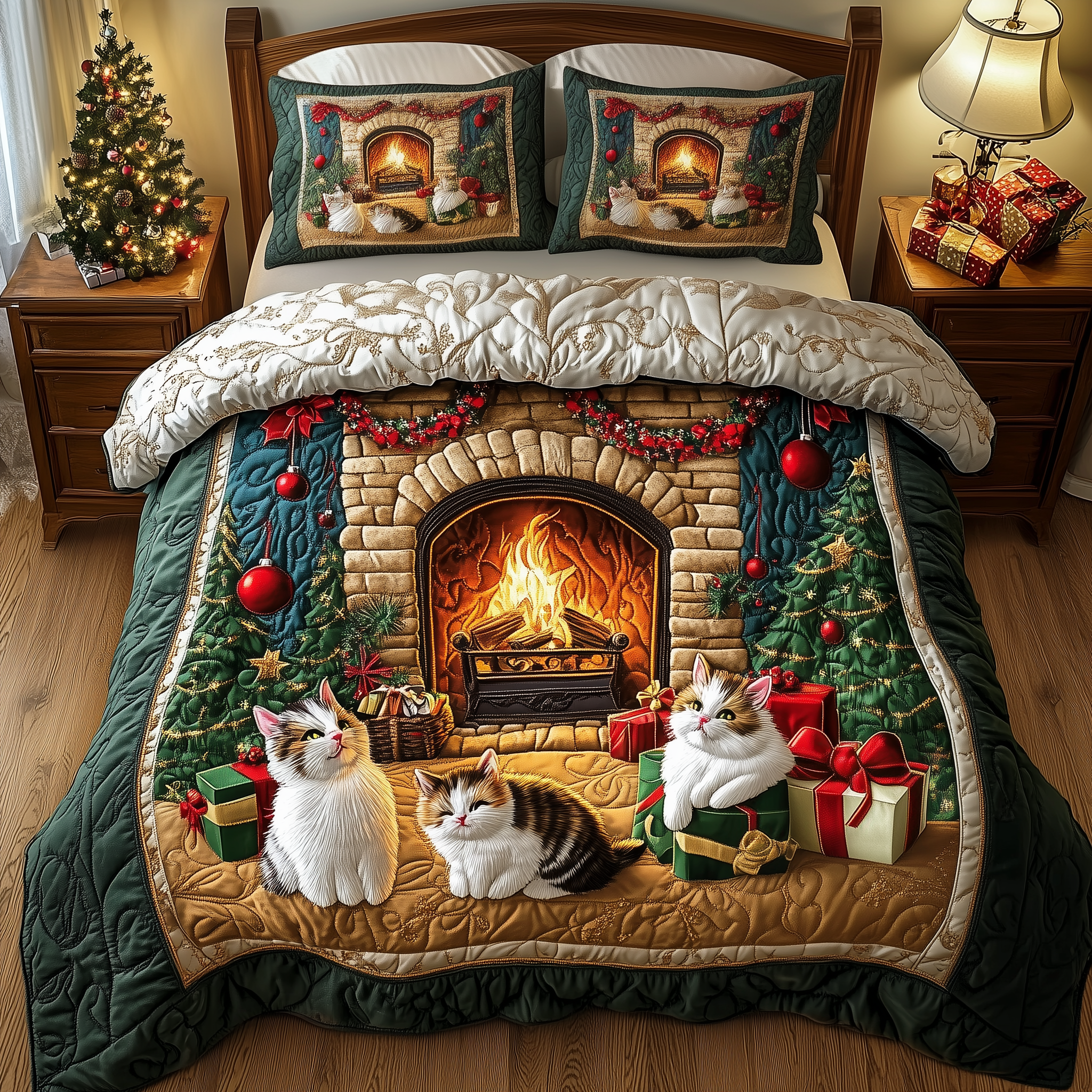 Cats by Fireplace Quilted Bedding Set Christmas Bedding Set Christmas Gifts For Couples