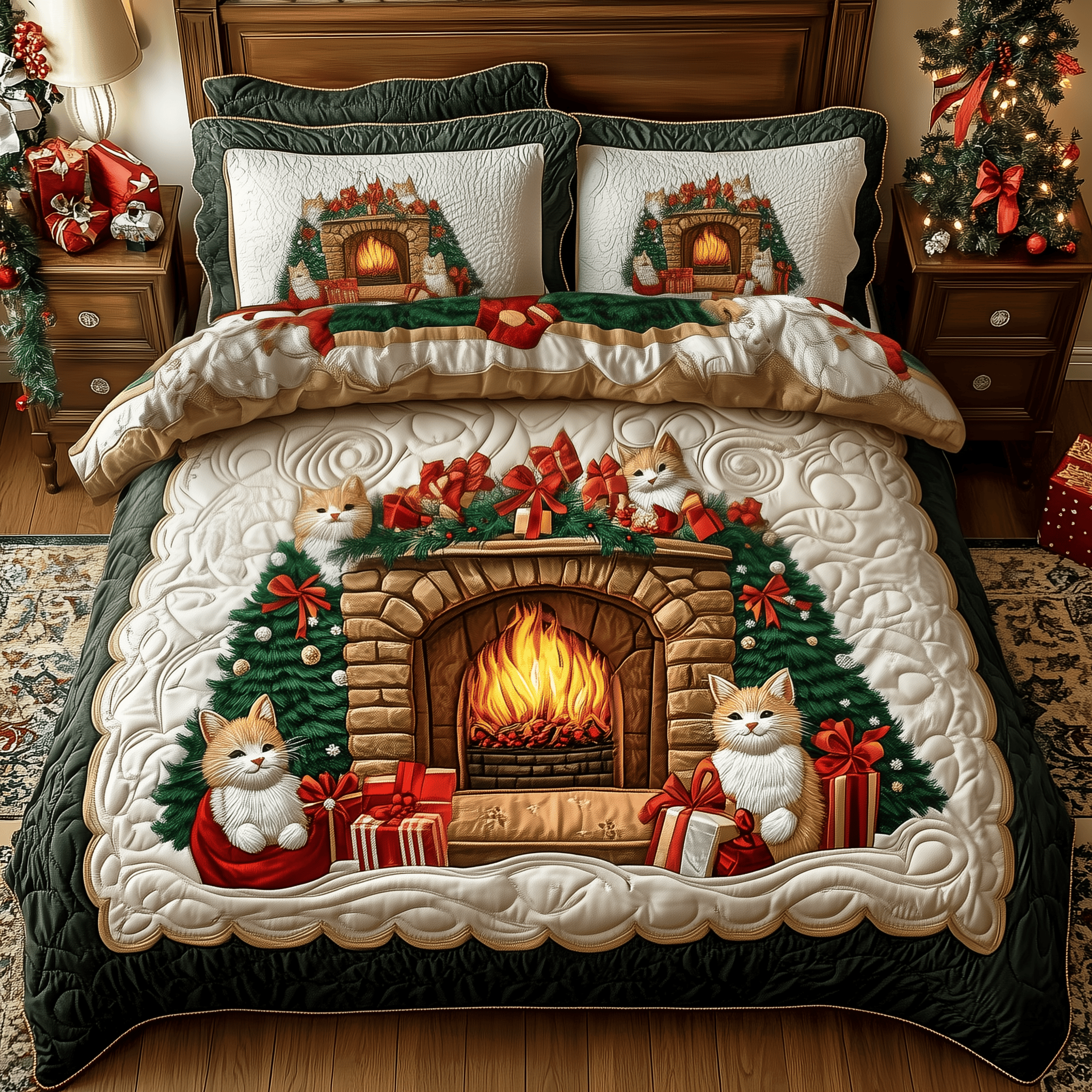 Cats by Fireplace Quilted Bedding Set Christmas Bedding Set Gift Experiences For Couples