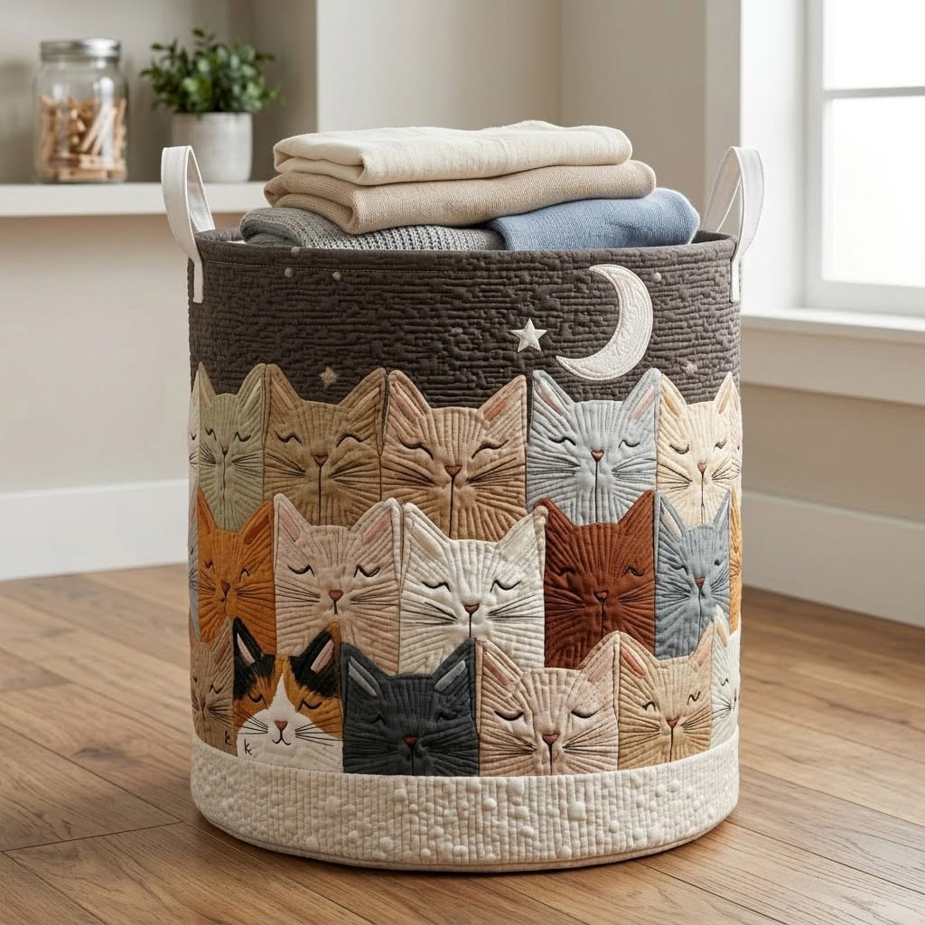 Cats Crescent Moon Night Quilted Laundry Basket Cat Lover Home Decor Best Gift For Cat Owners Fans