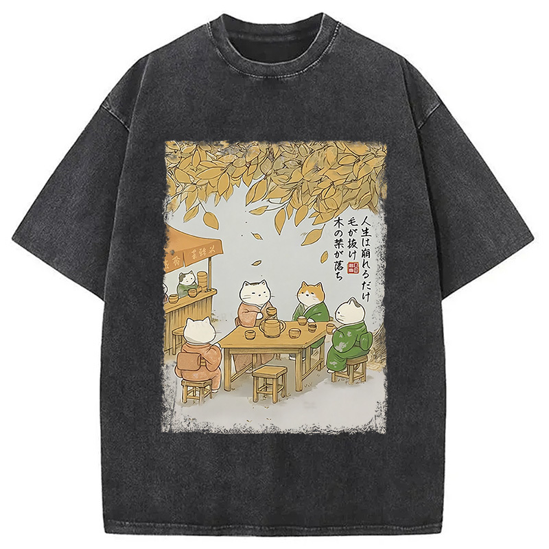 Cats Drinking Tea Under The Tree Washed T-Shirt Retro Humor Outfit Idea Gifts For Sister