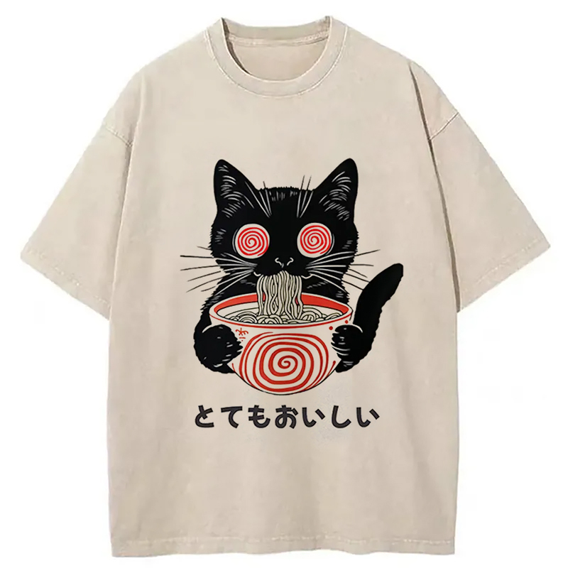 Cats Eat Ramen Noodles Print Washed T-Shirt Everyday Comfort Graphic Shirt Gifts For Brother