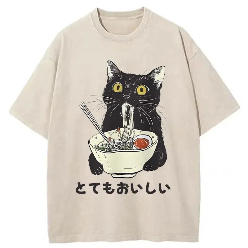 Cats Eat Ramen Noodles Washed T-Shirt Unique Aesthetic Fashion Tee Gifts For Sister