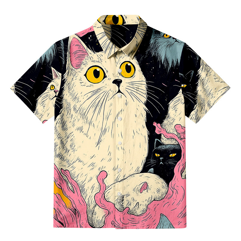Cats Fantasy Universe Button Up Shirt Animal Themed Retro Art Shirt Gifts For Cat Owners