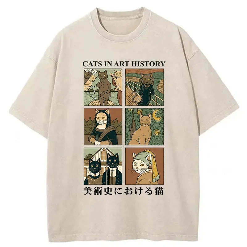 Cats In Art History Japanese Washed T-Shirt Unique Aesthetic Fashion Tee Gifts For Sister Cats In Art History Japanese Washed T-Shirt Unique Aesthetic Fashion Tee Gifts For Sister