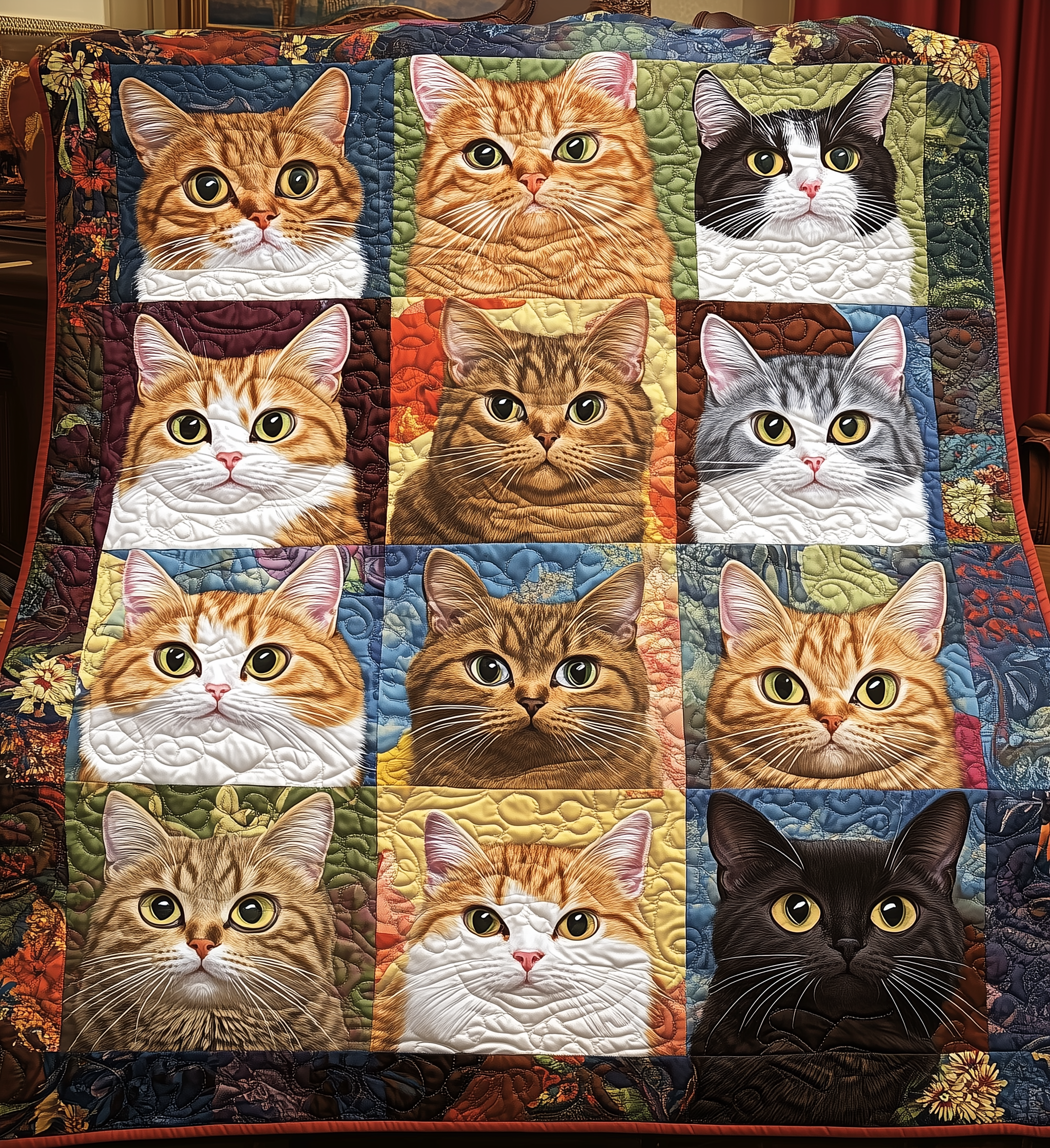 Cats in Bloom Quilted Blanket Cat Gifts For Cat Lovers