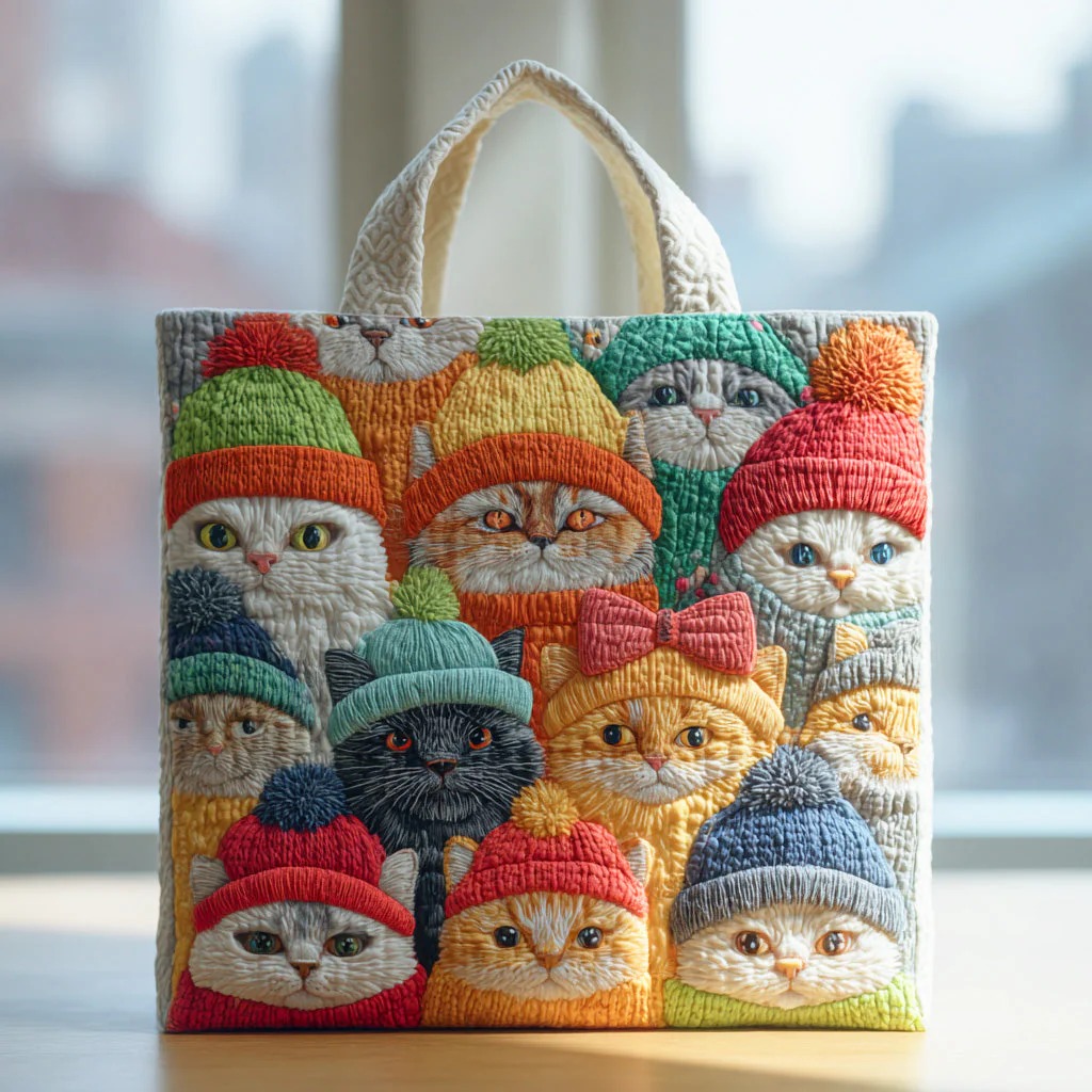 Cats In Colorful Knit Beanies Quilted Tote Bag Funny Cat Mom Cozy Playful Unique Lover Gift For Her
