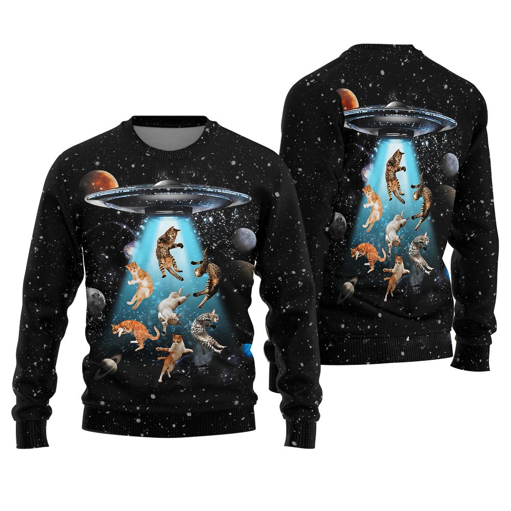 Cats In Space Ugly Christmas Sweater Funny Holiday Sweater for Family Gatherings