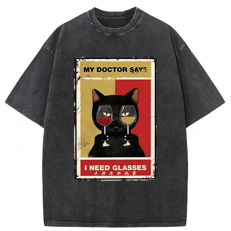 Cats Need Glasses Washed T-Shirt Trendy Aesthetic Graphic Apparel Gifts For Sister