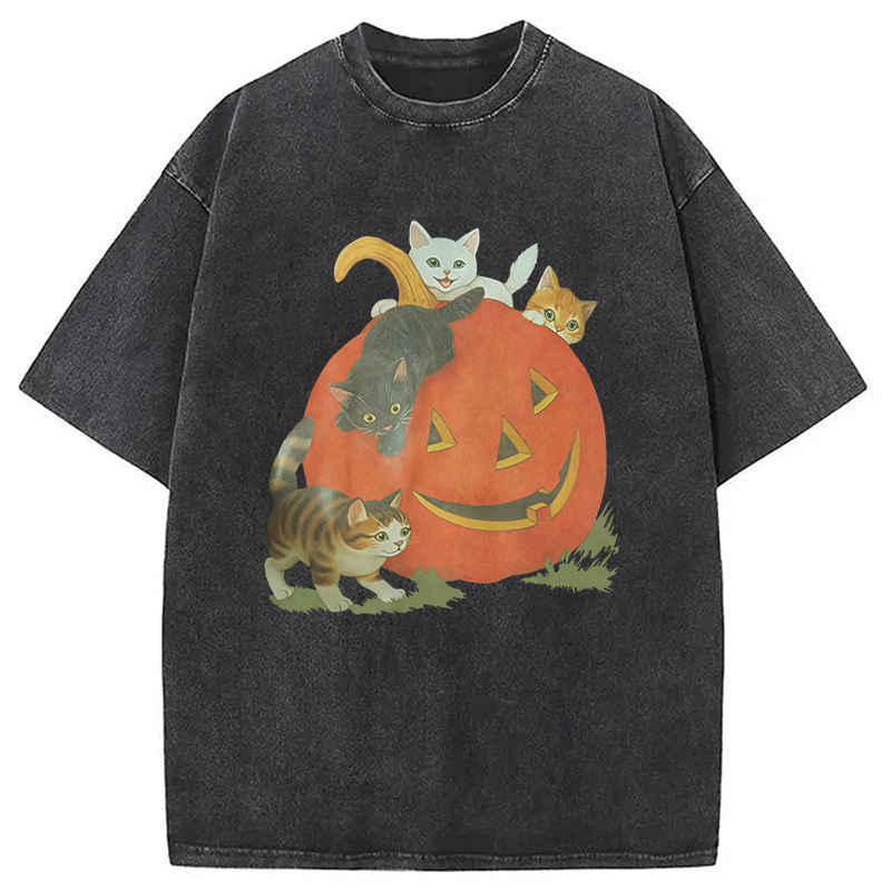 Cats Playing on Pumpkins Halloween Washed T-Shirt Funny Quote Unisex Shirt Gifts For Sister