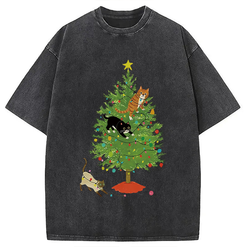 Cats Playing On The Christmas Tree Washed T-Shirt Trendy Everyday Casual Outfit Gifts For BFF