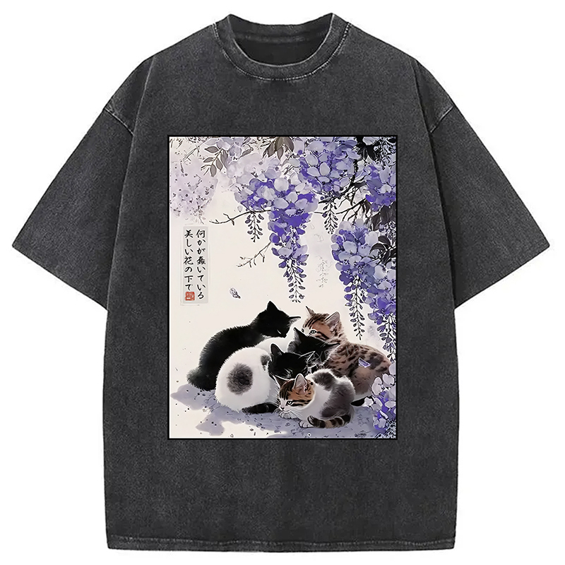 Cats Plotting Under the Wisteria Washed T-Shirt Retro Humor Graphic Top Gifts For Her Cats Plotting Under the Wisteria Washed T-Shirt Retro Humor Graphic Top Gifts For Her