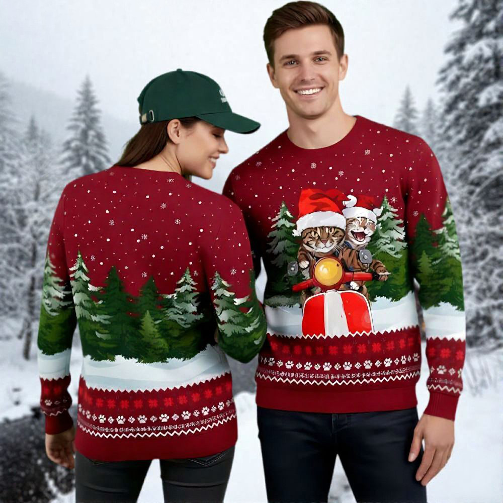 Cats Riding Scooter Ugly Christmas Sweater Christmas Clothing Gifts For Cat Lovers