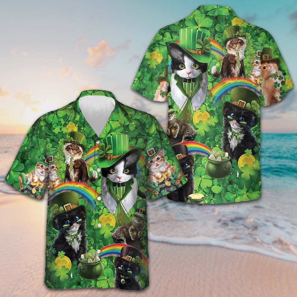 Cats Saint Patrick's Day Hawaiian Shirt Shamrock Button Down Shirt Gifts For Irish Cat Lovers