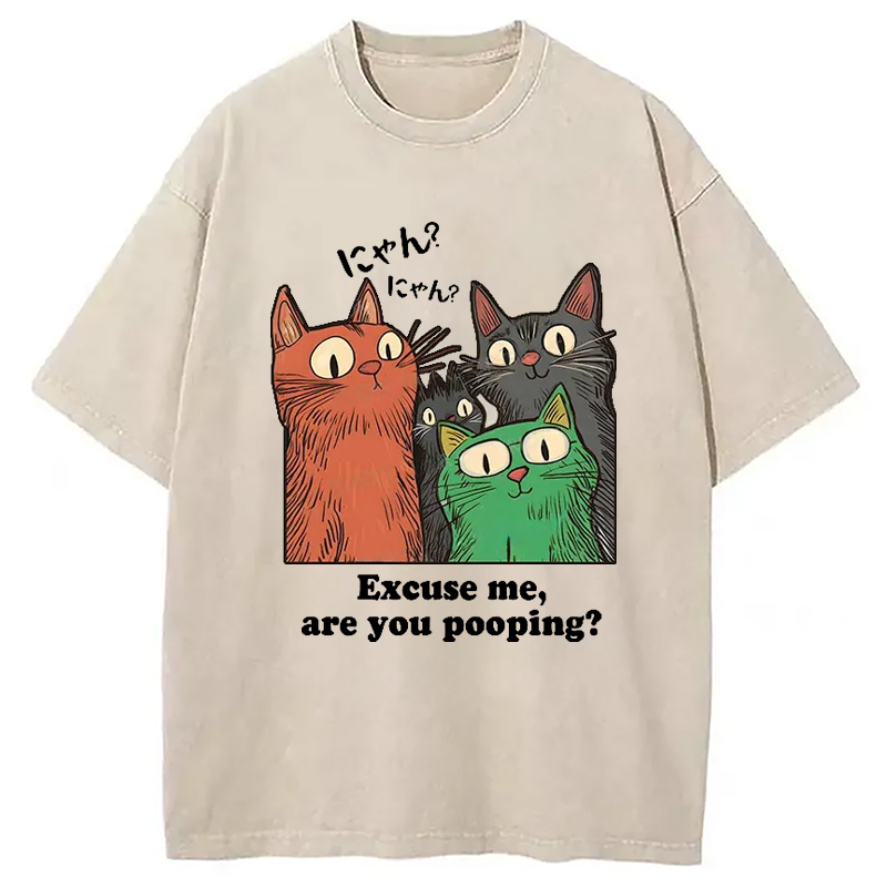 Cats Watching Poop Washed T-Shirt Classic Graphic Fashion Tee Gifts For Besties