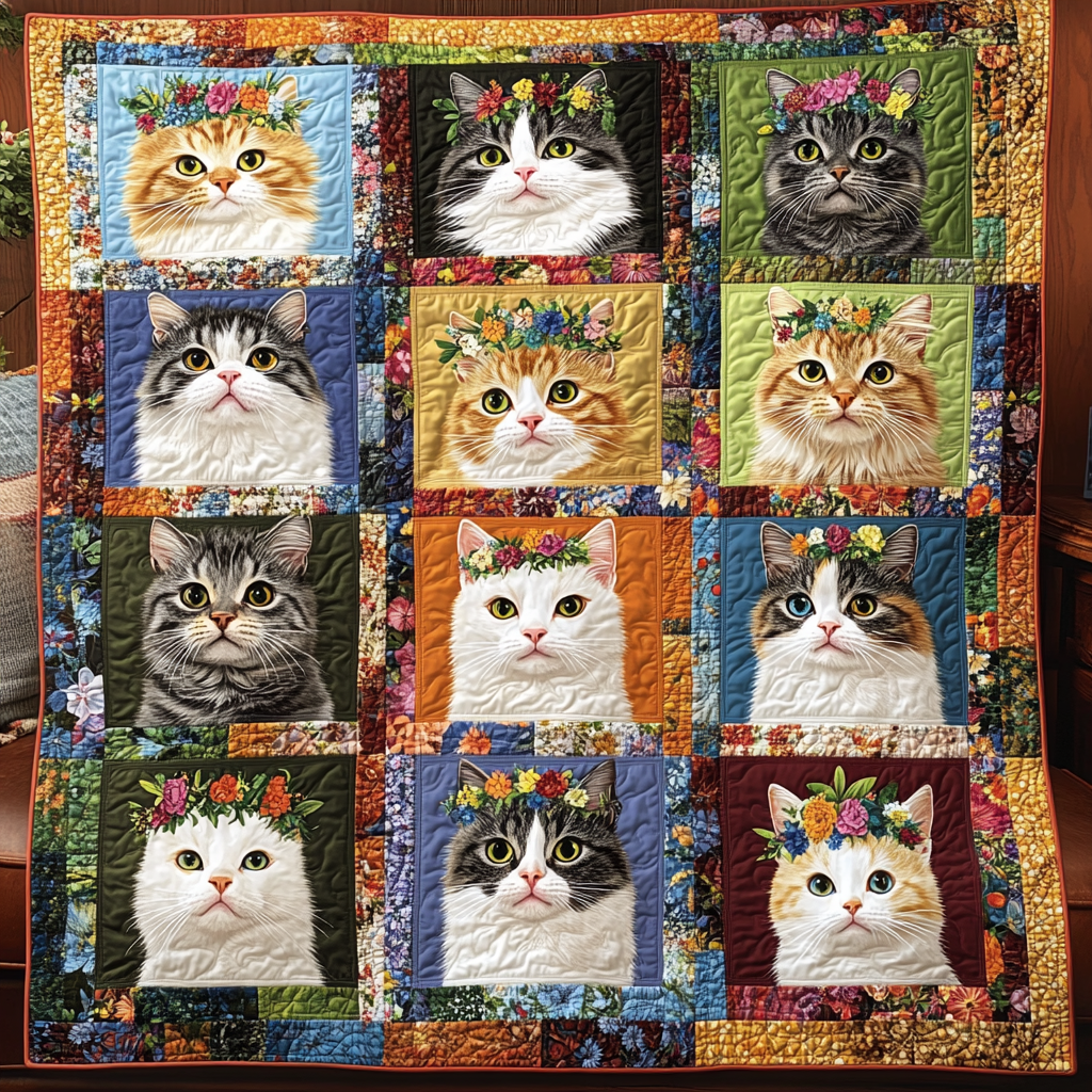 Cats with Blossoms Quilted Blanket Unique Gifts For Cat Lovers