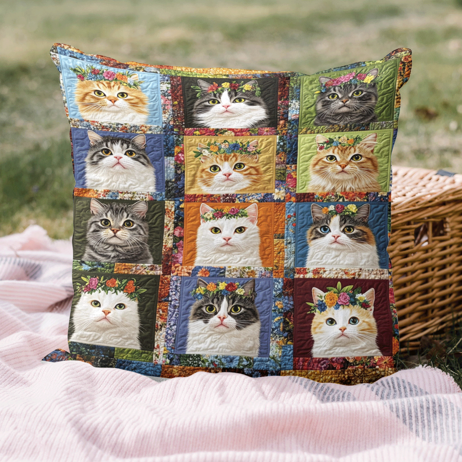 Cats With Blossoms Quilted Pillow Case Buffalo Plaid Pillow Cover Holiday
