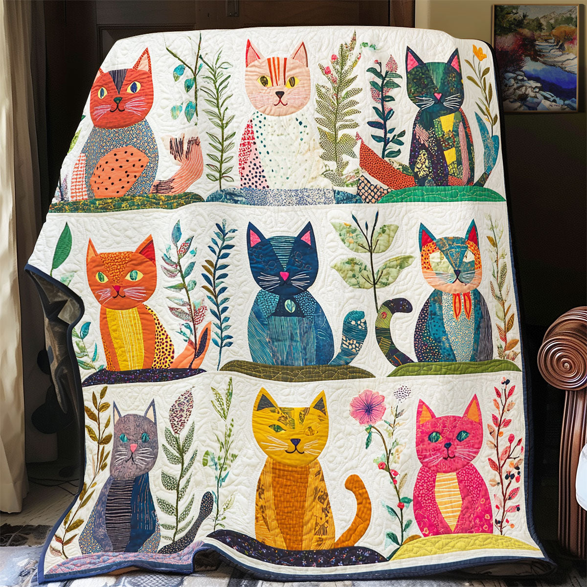 Cats With Plants Quilt Blanket Bedoom Decor Abstract Design Holiday Gifts For Cat Lovers