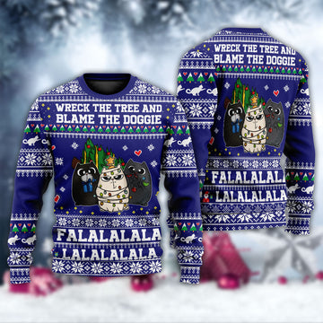 Cats Wreck The Tree And Blame The Doggie Ugly Christmas Sweater Funny Cat Lover Gifts