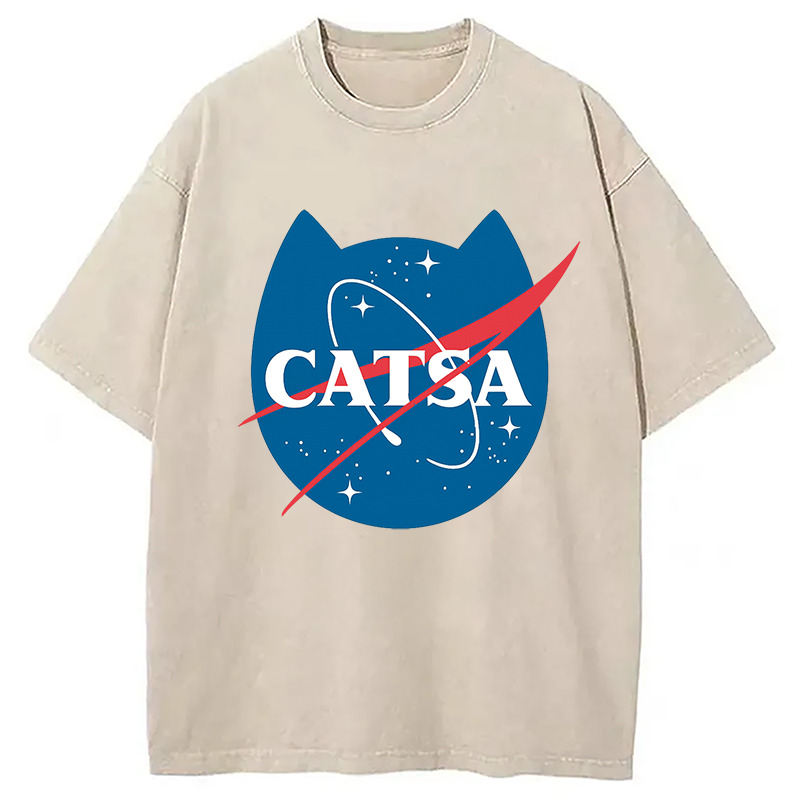 Catsa The Space Cat Washed T-Shirt Soft Cotton Daily Wear Tee Gifts For Besties